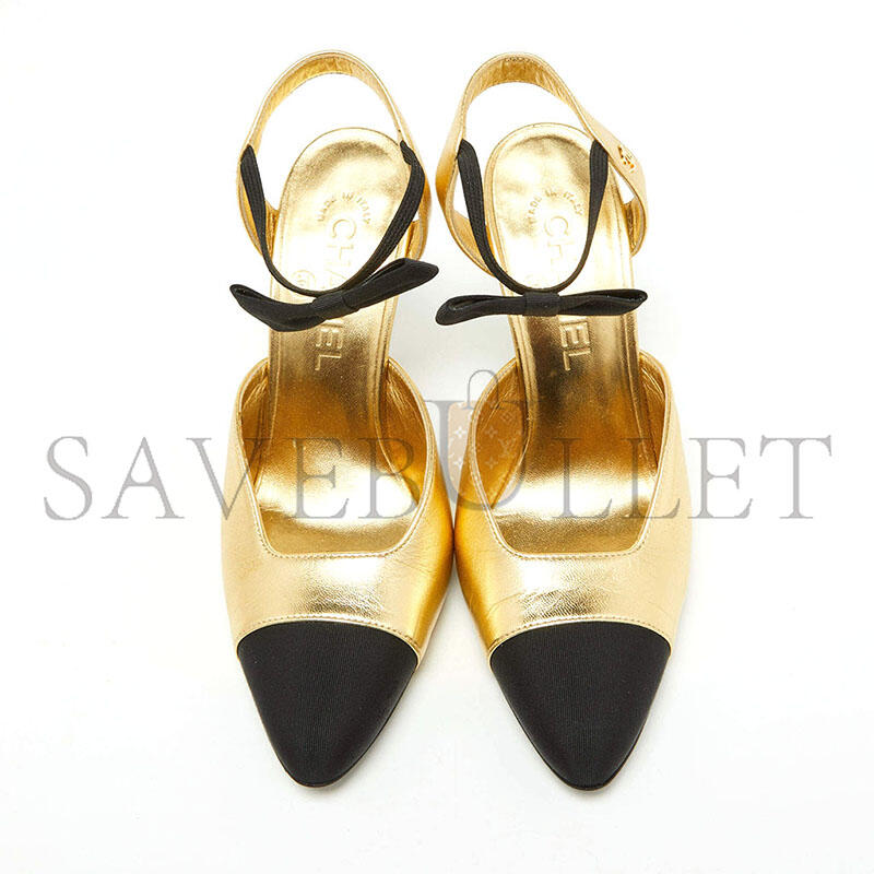 Ch**el gold black leather cap toe slingback sandals